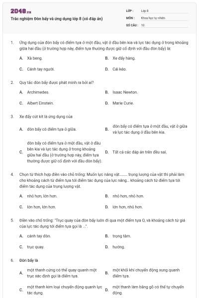 Trắc nghiệm Đòn bẩy và ứng dụng lớp 8 (có đáp án)