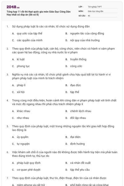 Tổng hợp 11 đề thi thpt quốc gia môn Giáo Dục Công Dân Hay nhất có đáp án (Đề số 8)