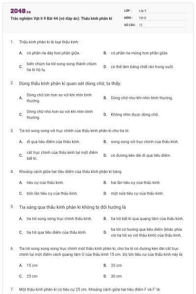 Trắc nghiệm Vật lí 9 Bài 44 (có đáp án): Thấu kính phân kì