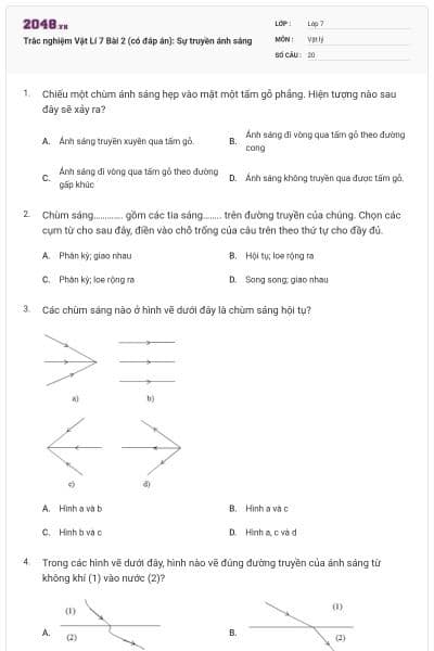 Trắc nghiệm Vật Lí 7 Bài 2 (có đáp án): Sự truyền ánh sáng