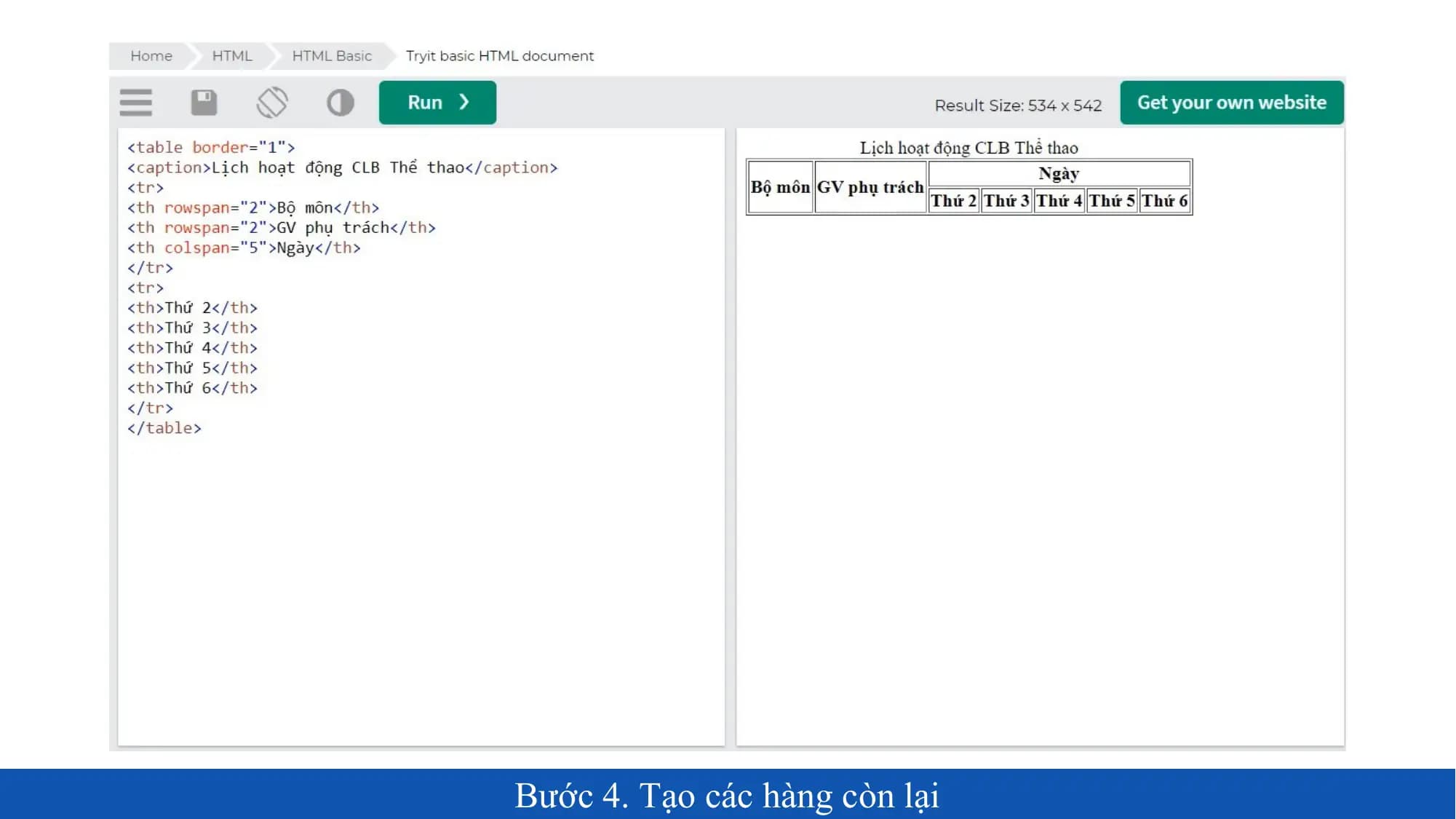Bước 4. Tạo các hàng còn lại