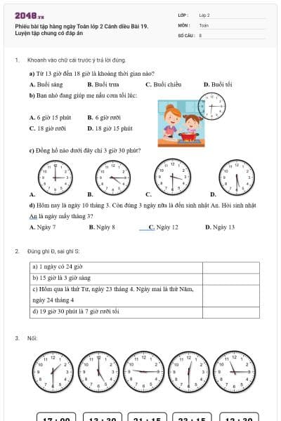 Phiếu bài tập hàng ngày Toán lớp 2 Cánh diều Bài 19. Luyện tập chung có đáp án