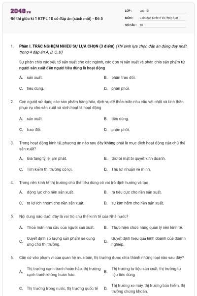 Đề thi giữa kì 1 KTPL 10 có đáp án (sách mới) - Đề 5
