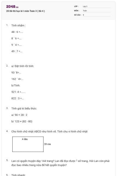 20 Đề thi học kì I môn Toán 3 ( Đề 4 )
