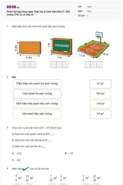 Phiếu bài tập hàng ngày Toán lớp 4 Cánh diều Bài 67. Mét vuông (Tiết 2) có đáp án