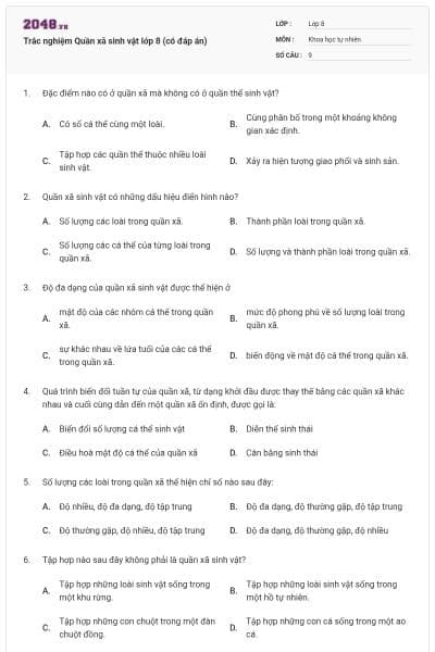 Trắc nghiệm Quần xã sinh vật lớp 8 (có đáp án)