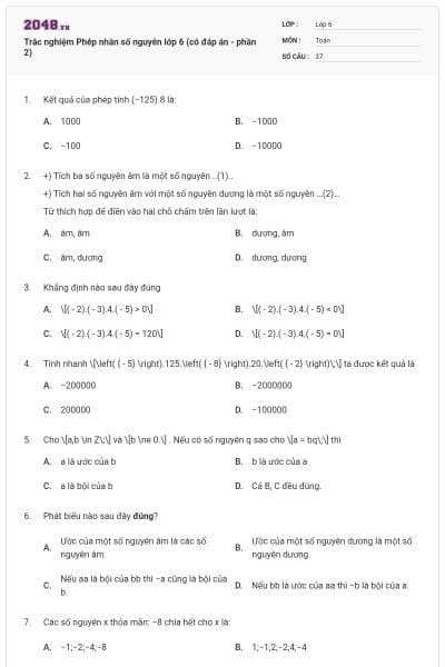 Trắc nghiệm Phép nhân số nguyên lớp 6 (có đáp án - phần 2)