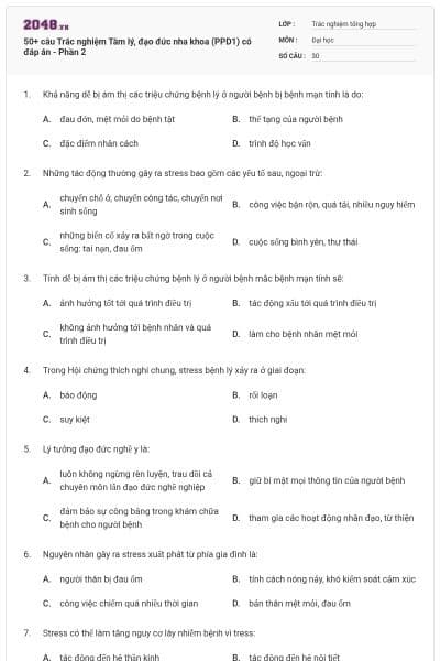 50+ câu Trắc nghiệm Tâm lý, đạo đức nha khoa (PPD1) có đáp án - Phần 2