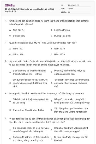 20 bộ đề luyện thi thpt quốc gia môn Lịch Sử mới nhất có đáp án (P14)
