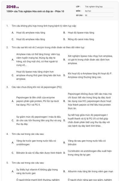 1000+ câu Trắc nghiệm Hóa sinh có đáp án - Phần 10