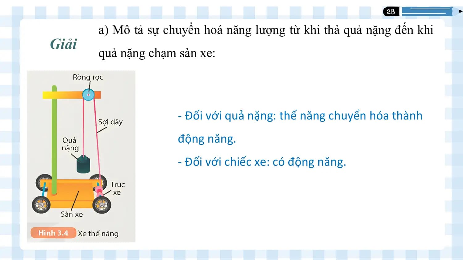a) Mô tả sự chuyển hoá năng lượng từ khi thả quả nặng đến khi
Giải 1
 quả nặng chạm sàn xe:

 - Đối với quả nặng: thế năng chuyển hóa thành
 động năng.
 - Đối với chiếc xe: có động năng.
