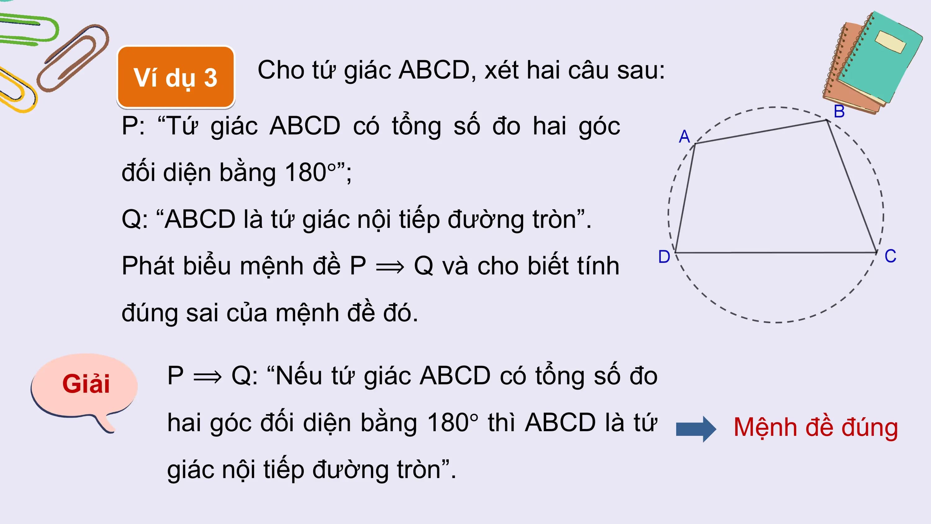 Ví dụ 3 Cho tứ giác ABCD, xét hai câu sau:

 P: “Tứ giác ABCD có tổng số đo hai góc
 đối diện bằng 180°”;
 Q: “ABCD là tứ giác nội tiếp đường tròn”.
 Phát biểu mệnh đề P ⟹ Q và cho biết tính
 đúng sai của mệnh đề đó.

Giải P ⟹ Q: “Nếu tứ giác ABCD có tổng số đo
 hai góc đối diện bằng 180° thì ABCD là tứ Mệnh đề đúng
 giác nội tiếp đường tròn”.