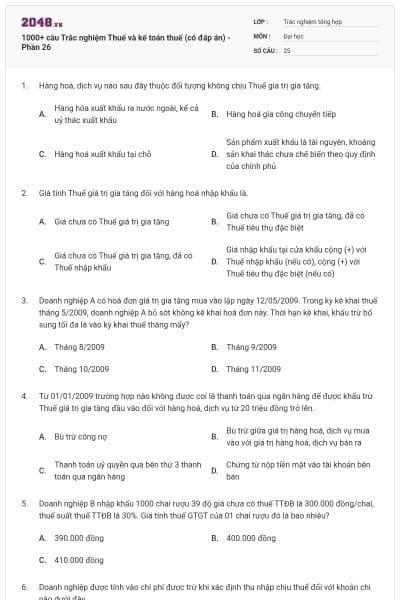 1000+ câu Trắc nghiệm Thuế và kế toán thuế (có đáp án) - Phần 26