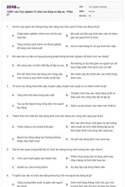 1000+ câu Trắc nghiệm Tổ chức lao động có đáp án - Phần 27
