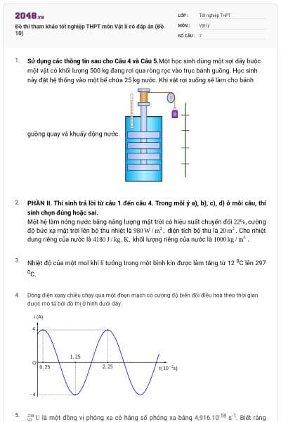 Đề thi tham khảo tốt nghiệp THPT môn Vật lí có đáp án (Đề 10)