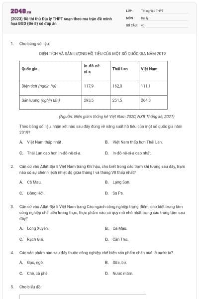 (2023) Đề thi thử Địa lý THPT soạn theo ma trận đề minh họa BGD (Đề 8) có đáp án