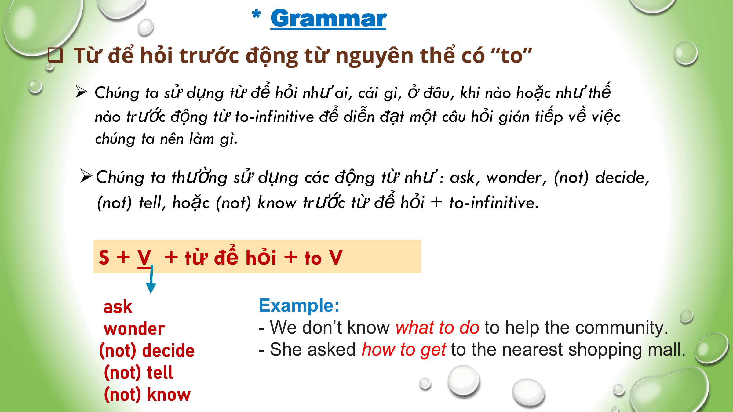 * Grammar
q Từ để hỏi trước động từ nguyên thể có “to”
 Ø Chúng ta sử dụng từ để hỏi như ai, cái gì, ở đâu, khi nào hoặc như thế
 nào trước động từ to-infinitive để diễn đạt một câu hỏi gián tiếp về việc
 chúng ta nên làm gì.

 ØChúng ta thường sử dụng các động từ như : ask, wonder, (not) decide,
 (not) tell, hoặc (not) know trước từ để hỏi + to-infinitive.

 S + V + từ để hỏi + to V

 ask Example:
 wonder - We don’t know what to do to help the community.
 (not) decide - She asked how to get to the nearest shopping mall.
 (not) tell
 (not) know