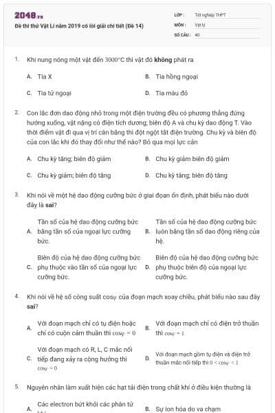 Đề thi thử Vật Lí năm 2019 có lời giải chi tiết (Đề 14)