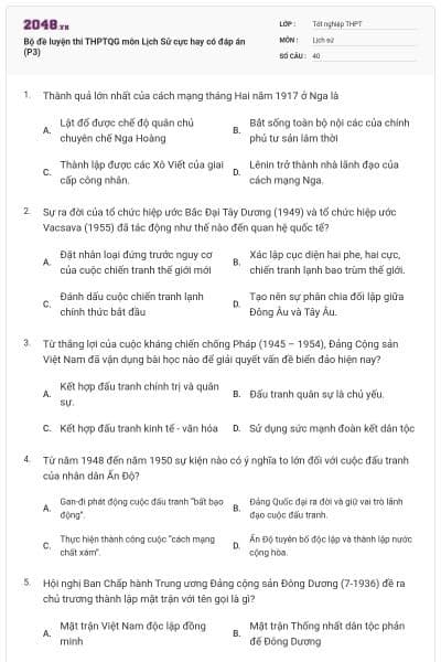 Bộ đề luyện thi THPTQG môn Lịch Sử cực hay có đáp án (P3)
