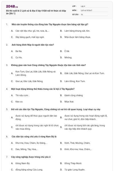 Đề thi cuối kì 2 Lịch sử & Địa lí lớp 4 Kết nối tri thức có đáp án (Đề 1)