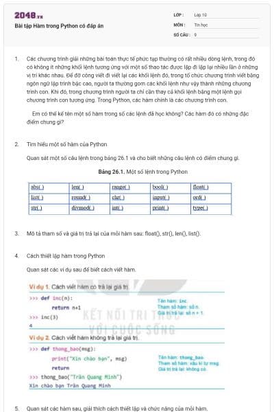 Bài tập Hàm trong Python có đáp án