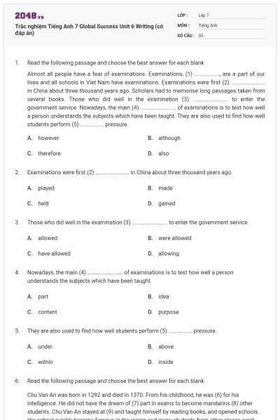 Trắc nghiệm Tiếng Anh 7 Global Success Unit 6 Writing (có đáp án)