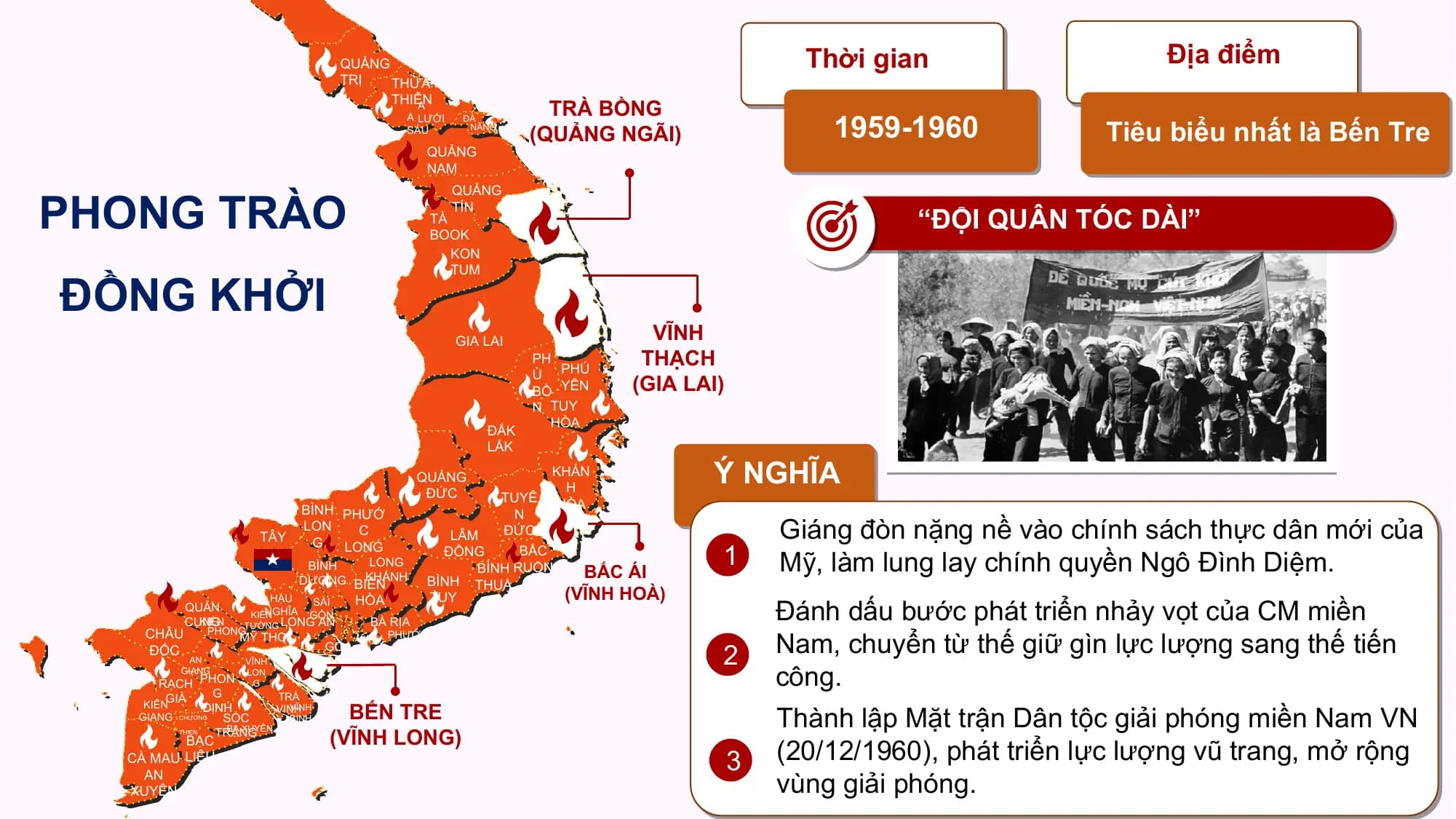QUẢNG Thời gian Địa điểm
 TRỊ THỪA
 THIÊN
 TRÀ BỒNG
 1959-1960
 A

 Tiêu biểu nhất là Bến Tre
 A LƯỚI ĐÀ

 (QUẢNG NGÃI)
 SÁU NẴNG

 QUẢNG
 NAM

PHONG TRÀO
 QUẢNG

 “ĐỘI QUÂN TÓC DÀI”
 TÍN
 TÀ
 BOOK
 KON

ĐỒNG KHỞI
 TUM

 GIA LAI VĨNH
 PH THẠCH
 Ù PHÚ
 BỒ YÊN (GIA LAI)
 N TUY
 HÒA
 ĐẮK
 LẮK

 QUẢNG
 ĐỨC
 KHÁN
 H
 Ý NGHĨA
 TUYÊ HÒA
 BÌNH PHƯỚ
 Giáng đòn nặng nề vào chính sách thực dân mới của
 N
 LON C ĐỨC
 TÂY LÂM
 1
 G
 Mỹ, làm lung lay chính quyền Ngô Đình Diệm.
 NINH LONG ĐỒNG BẮC
 LONG
 BÌNH
 KHÁNH
 DƯƠNG BIÊN
 BÌNH RUỘN
 BÌNH THUẬ G
 BẮC ÁI
 (VĨNH HOÀ)
 Đánh dấu bước phát triển nhảy vọt của CM miền
 HẬU SÀI HÒA TUY N
 QUẢN NGHĨA GÒN
 KIẾN
 CUNG
 KIẾN TƯỜNG LONG AN BÀ RỊA

 2 2 Nam, chuyển từ thế giữ gìn lực lượng sang thế tiến
 CHÂU PHONG
 MỸ THO PHƯỚC
 ĐỐC GÒ TUY

 công.
 AN VĨNH CÔNG
 GIANG LON
 RẠCH PHON G
 G TRÀ
 KIÊNGIÀ
 BẾN TRE Thành lập Mặt trận Dân tộc giải phóng miền Nam VN
 ĐỊNH VĨNH
 VINH
 GIANG CHƯƠNG SÓC BÌNH

 (VĨNH LONG)
 BA XUYÊN
 TRĂNG
 (20/12/1960), phát triển lực lượng vũ trang, mở rộng
 BẠC
 THIỆN

 CÀ MAU LIÊU
 3
 AN
 XUYÊN vùng giải phóng.