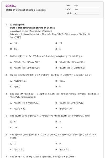 Bài tập ôn tập Toán 8 Chương 2 (có đáp án)