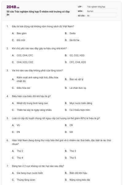 50 câu Trắc nghiệm tổng hợp Ô nhiễm môi trường có đáp án