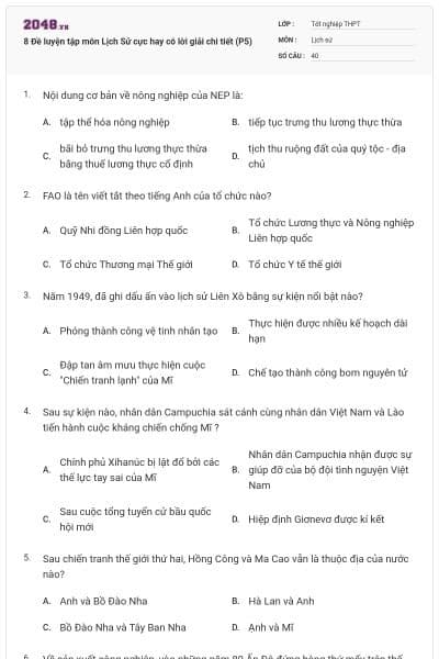 8 Đề luyện tập môn Lịch Sử cực hay có lời giải chi tiết (P5)