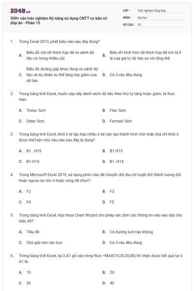 500+ câu trắc nghiệm Kỹ năng sử dụng CNTT cơ bản có đáp án - Phần 15
