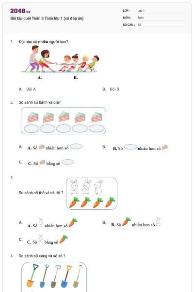 Bài tập cuối Tuần 3 Toán lớp 1 (có đáp án)