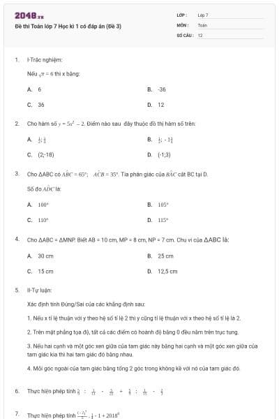 Đề thi Toán lớp 7 Học kì 1 có đáp án (Đề 3)