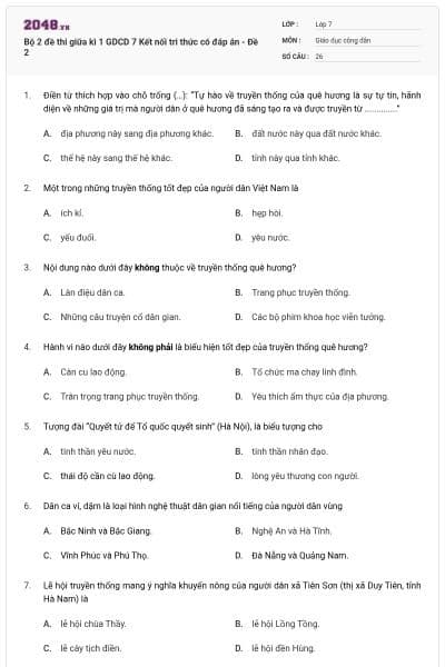 Bộ 2 đề thi giữa kì 1 GDCD 7 Kết nối tri thức có đáp án - Đề 2