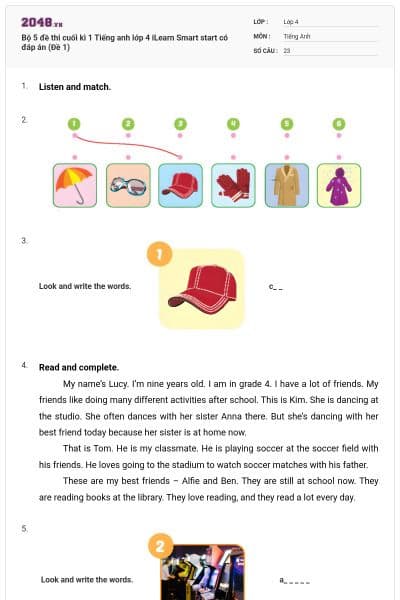 Bộ 5 đề thi cuối kì 1 Tiếng anh lớp 4 iLearn Smart start có đáp án (Đề 1)