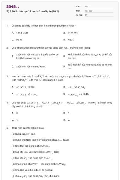 Bộ 9 Đề thi Hóa học 11 Học kì 1 có đáp án (Đề 1)