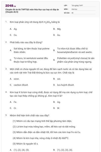 Chuyên đề ôn thi THPTQG môn Hóa Học cực hay có đáp án (Chuyên đề 8)