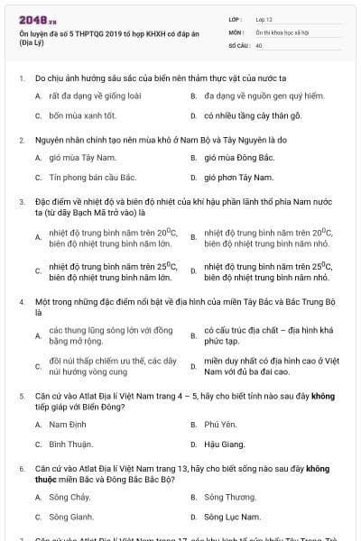 Ôn luyện đề số 5 THPTQG 2019 tổ hợp KHXH có đáp án (Địa Lý)