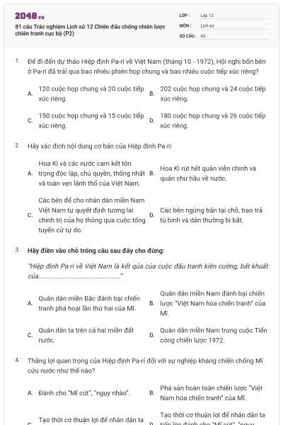 81 câu Trắc nghiệm Lịch sử 12 Chiến đấu chống chiến lược chiến tranh cục bộ (P2)