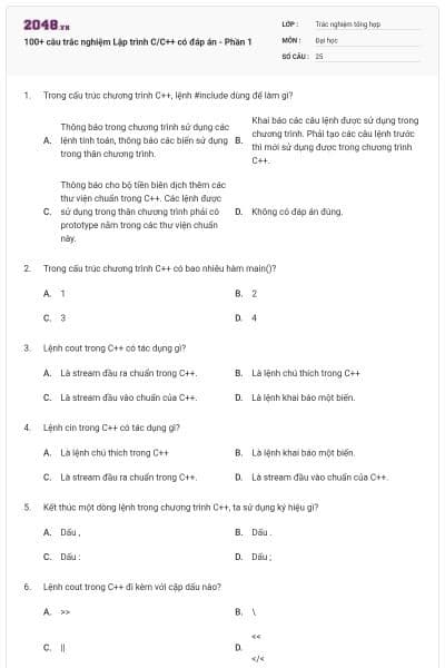 100+ câu trắc nghiệm Lập trình C/C++ có đáp án - Phần 1