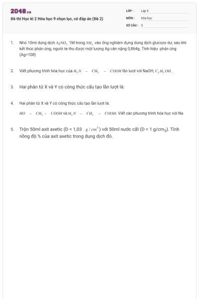 Đề thi Học kì 2 Hóa học 9 chọn lọc, có đáp án (Đề 2)