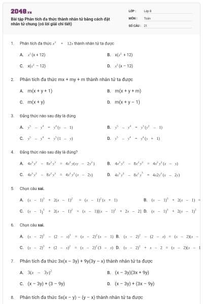 Bài tập Phân tích đa thức thành nhân tử bằng cách đặt nhân tử chung (có lời giải chi tiết)