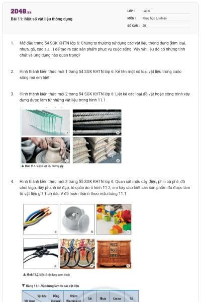 Bài 11: Một số vật liệu thông dụng