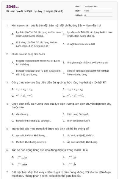 Đề minh họa đề thi Vật Lí cực hay có lời giải (Đề số 8)
