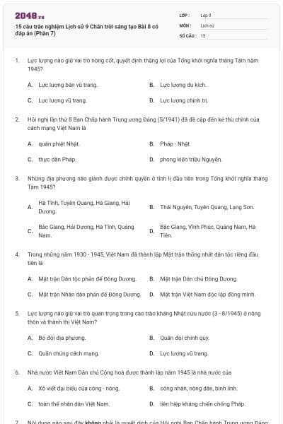 15 câu trắc nghiệm Lịch sử 9 Chân trời sáng tạo Bài 8 có đáp án (Phần 7)