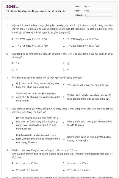12 bài tập Xác định tốc độ góc, chu kì, tần số có đáp án