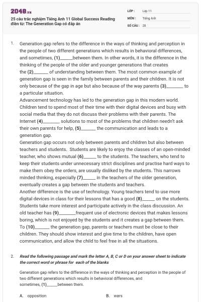 25 câu trắc nghiệm Tiếng Anh 11 Global Success Reading điền từ: The Generation Gap có đáp án