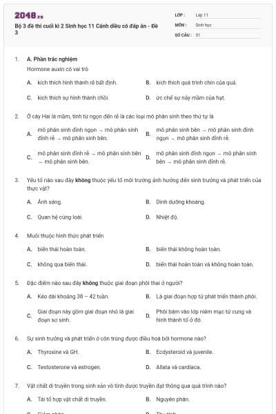 Bộ 3 đề thi cuối kì 2 Sinh học 11 Cánh diều có đáp án - Đề 3