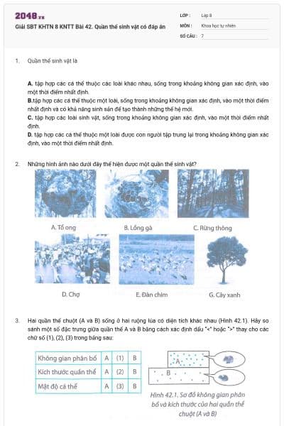 Giải SBT KHTN 8 KNTT Bài 42. Quần thể sinh vật có đáp án