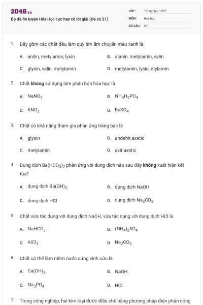Bộ đề ôn luyện Hóa Học cực hay có lời giải (Đề số 21)